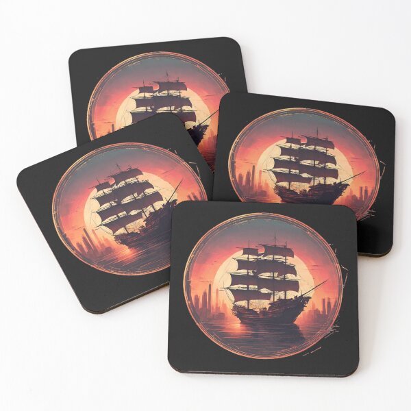 Item preview, Pirate Ship moving Away from the City, Sunset designed and sold by Aquillashop.