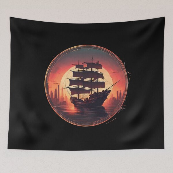 Item preview, Pirate Ship moving Away from the City, Sunset designed and sold by Aquillashop.