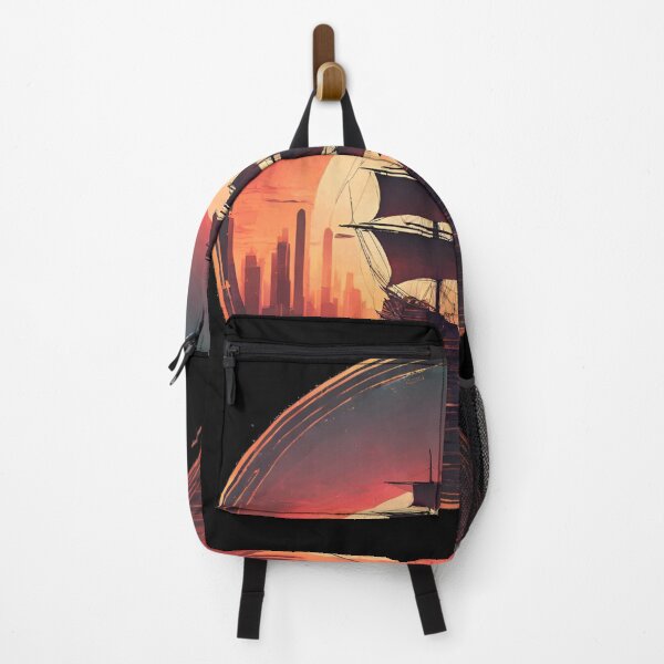 Item preview, Pirate Ship moving Away from the City, Sunset designed and sold by Aquillashop.