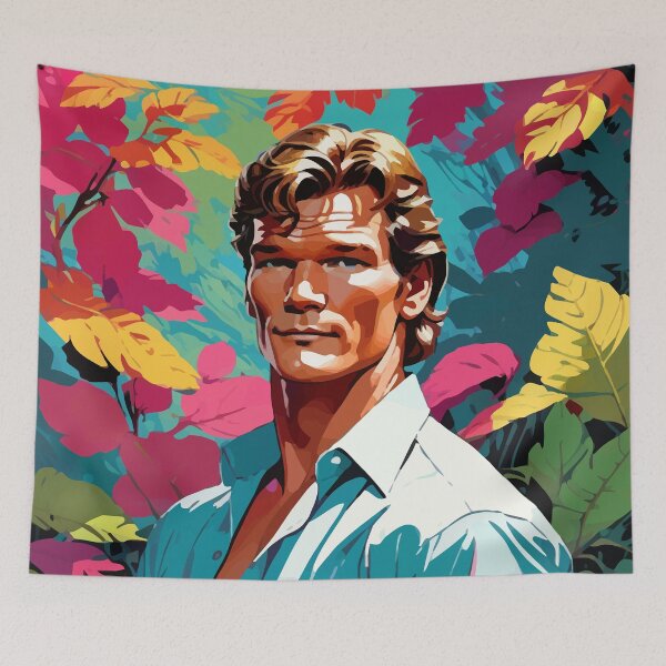 Artikelvorschau, Künstlerisches digitales Porträt, inspiriert von Patrick Swayze auf Pop-Art-Hintergrund entworfen und verkauft von clon-dot-net.