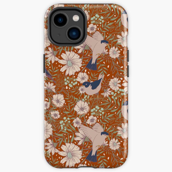 Pájaros y flores fondo marrón  Funda resistente para iPhone