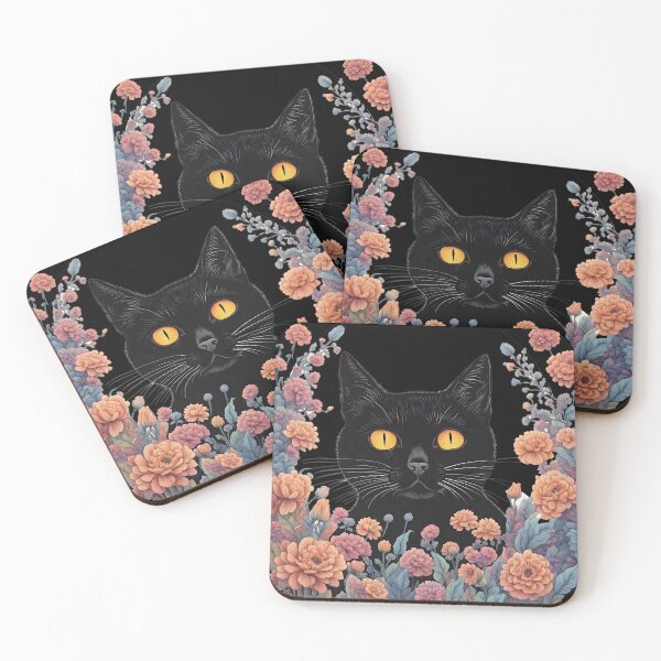 Item preview, retro Black Cat with doddle floral designed and sold by Catophile.