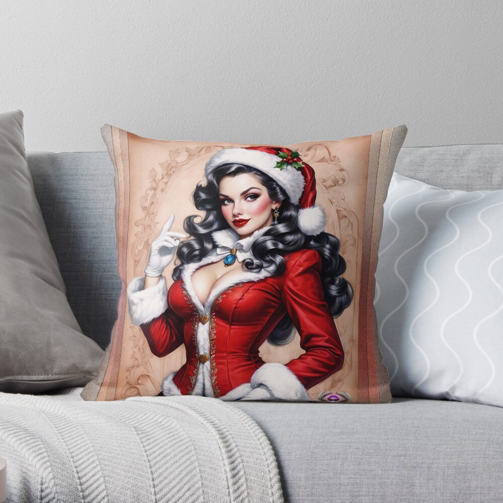 Santas Beautiful Pin Up Helper Merry Christmas AI Concept Art by Xzendor7 4 Santa's Beautiful Pin Up Christmas Helper AI Concept Art Portrait by Xzendor7 Decorative Throw Pillow Art Print