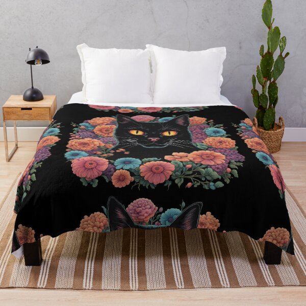 Item preview, retro vintage weird Black Cat flowers Colorful floralArt designed and sold by Catophile.