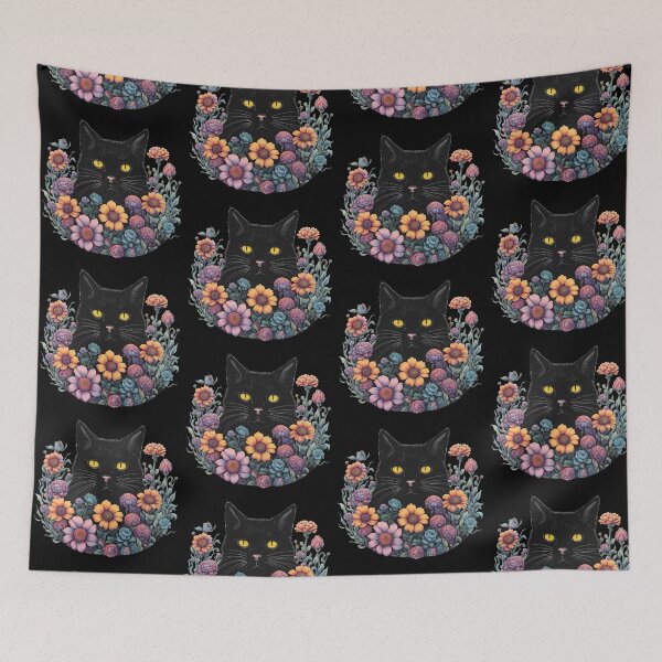 Item preview, retro Black Cat flowers ColorfulArt  designed and sold by Catophile.