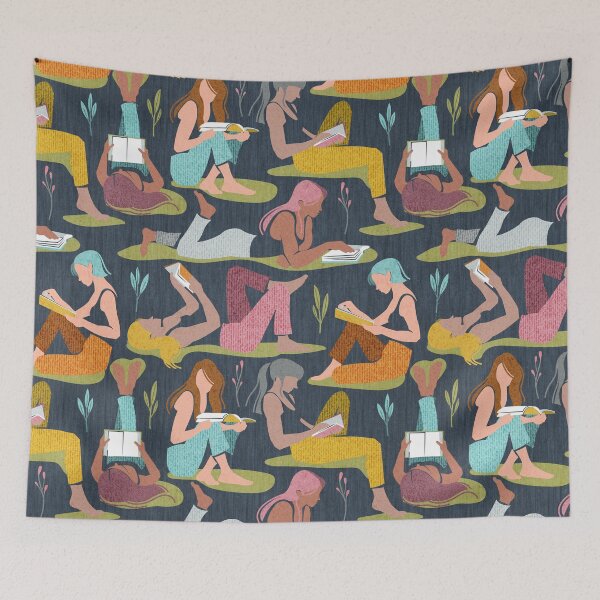 Item preview, Books are a girl's best friend // hale navy blue background lovely happy women adopting many poses while reading  designed and sold by SelmaCardoso.