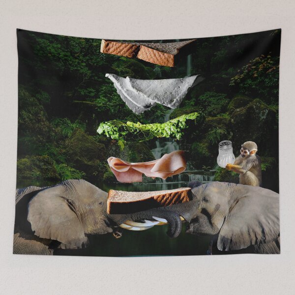 Item preview, Magical Midnight Jungle Feast: Surreal Collage Art Print of Elephants and a Hungry Monkey's Late Night Snack designed and sold by GollyWillikers.