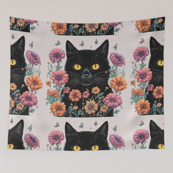 Item preview, Wierdo retro Black Cat flowers ColorfulArt  designed and sold by Catophile.