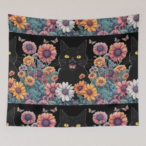 Item preview, Wierdo retro Black Cat flowers ColorfulArt  designed and sold by Catophile.