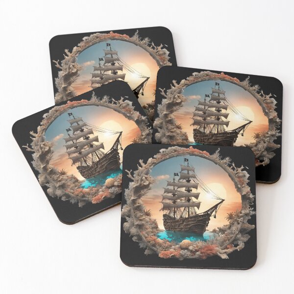 Item preview, Ship at Sea Surrounded by Corals at Sunset designed and sold by Aquillashop.
