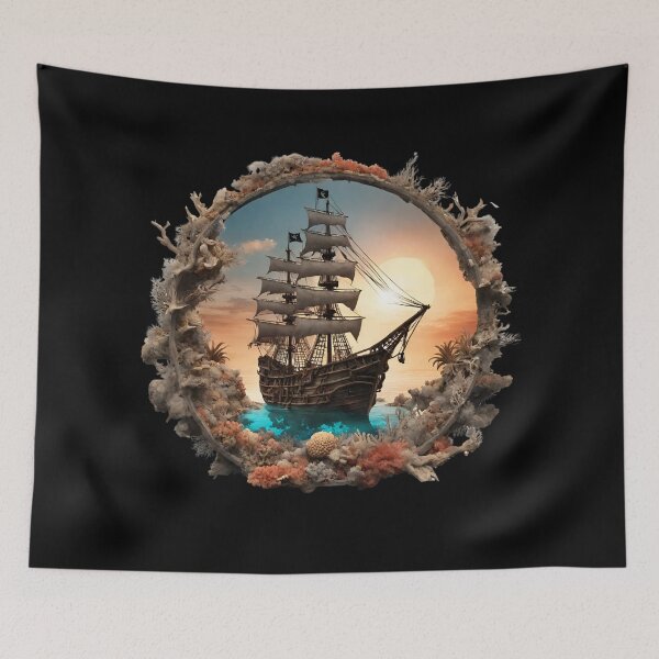 Item preview, Ship at Sea Surrounded by Corals at Sunset designed and sold by Aquillashop.