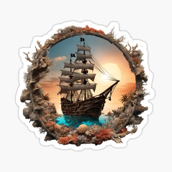 Item preview, Ship at Sea Surrounded by Corals at Sunset designed and sold by Aquillashop.