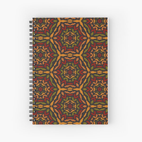 Hexagons Stained Glass Pattern in Olive Green, Orange Red and Gold on Black Background Spiral Notebook