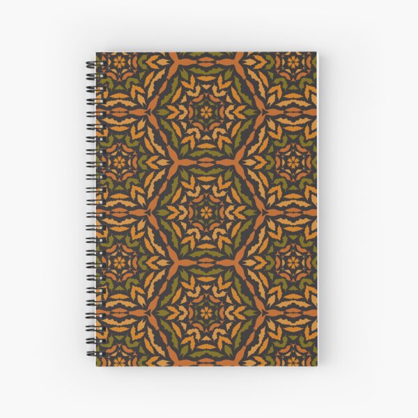 Hexagons Stained Glass Pattern in Olive Green, Orange, Red and Gold on Black Background Spiral Notebook