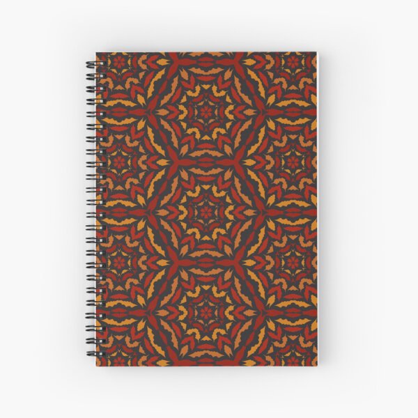 Hexagons Stained Glass Pattern in Orange, Red and Gold on Black Background Spiral Notebook