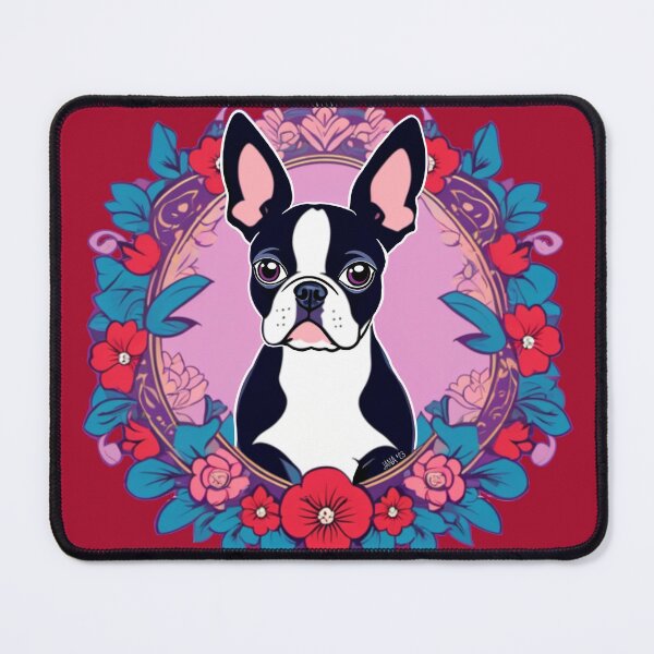 Item preview, Boston Terrier in a wreath of flowers designed and sold by FivePugs.