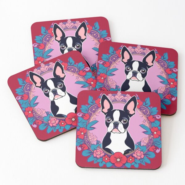 Item preview, Boston Terrier in a wreath of flowers designed and sold by FivePugs.