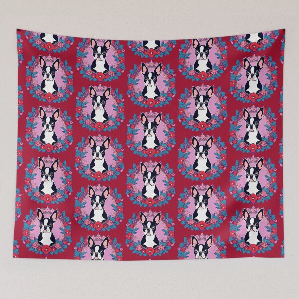 Item preview, Boston Terrier in a wreath of flowers designed and sold by FivePugs.