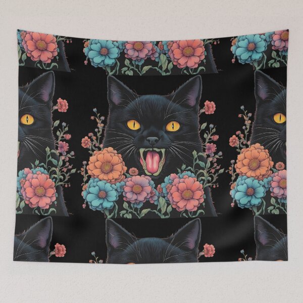 Item preview, Wierdo retro Black Cat flowers ColorfulArt  designed and sold by Catophile.