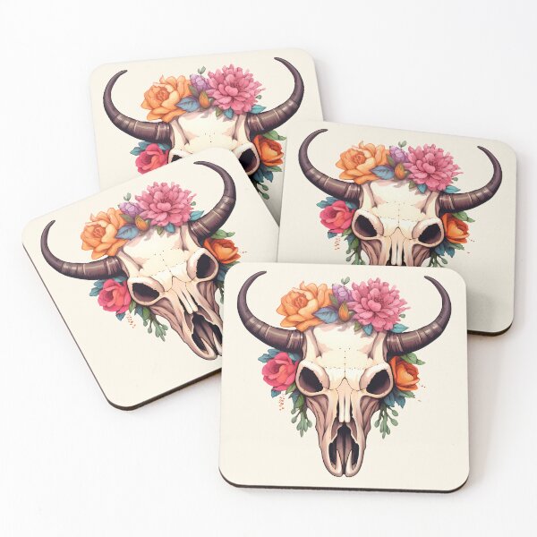 Item preview, Watercolor Cow Skull with Warm Flowers Boho Western designed and sold by meganohm.