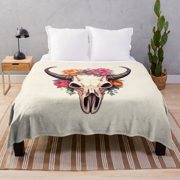 Item preview, Watercolor Cow Skull with Warm Flowers Boho Western designed and sold by meganohm.