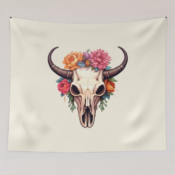 Item preview, Watercolor Cow Skull with Warm Flowers Boho Western designed and sold by meganohm.