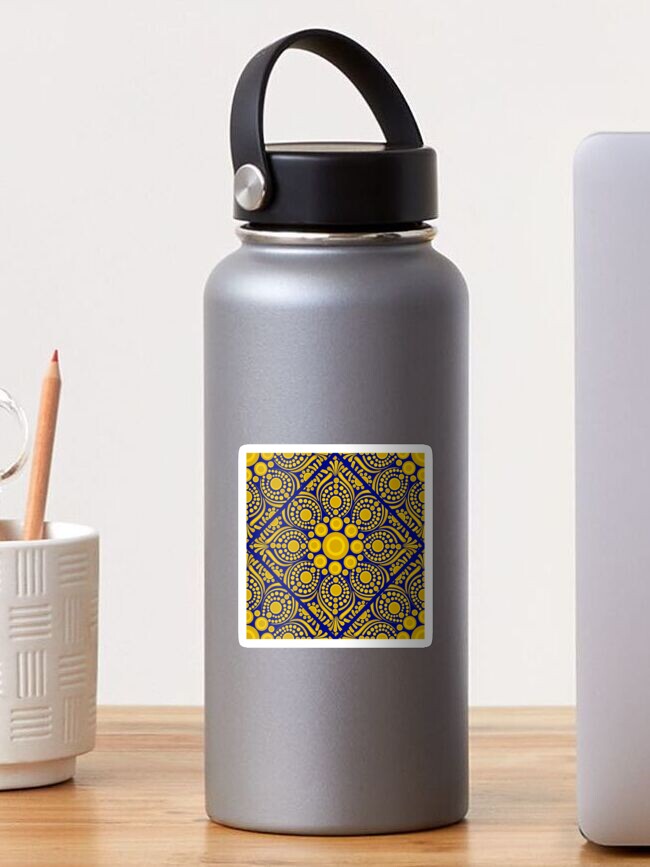 Sticker, Navy and Gold Night Blooming Buttercup Dot Mandala Geo Tile designed and sold by Triplicate Limited