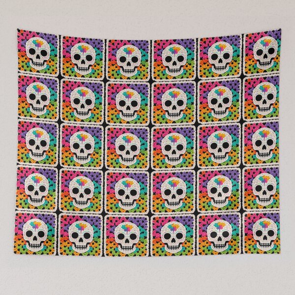 Item preview, A sugarskull rainbow granny square, crochet art designed and sold by Fr0mtheMachine.