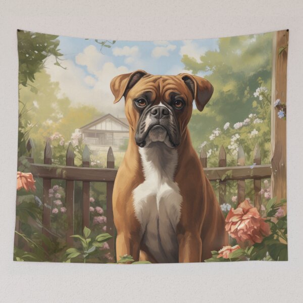 Item preview, cool boxer dog in the beautiful garden designed and sold by WallyPink.