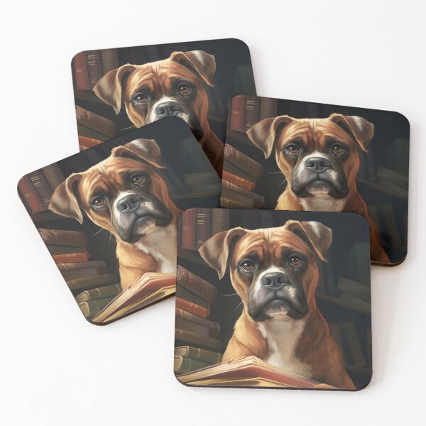 Item preview, smart boxer dog in the middle of old books designed and sold by WallyPink.