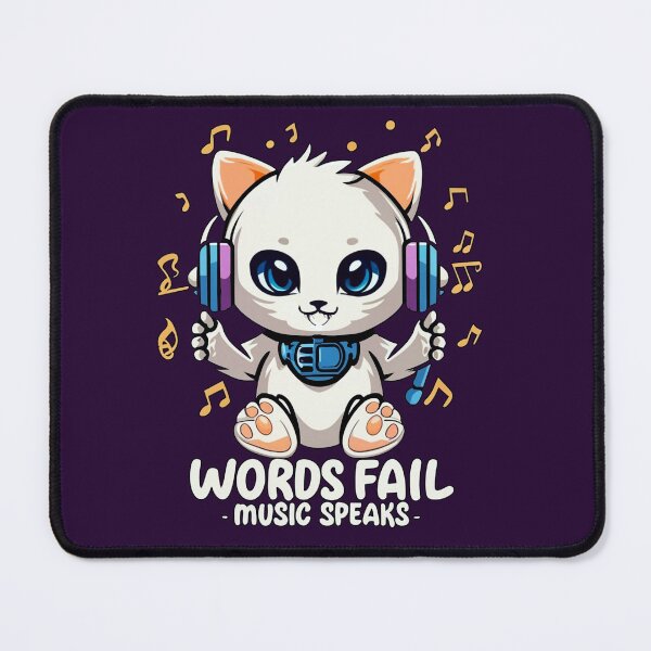 Item preview, kitten with hearing aid "words fail, music speaks" designed and sold by NotesForMusic.
