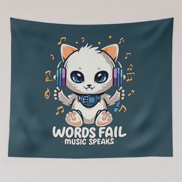 Item preview, kitten with hearing aid "words fail, music speaks" designed and sold by NotesForMusic.