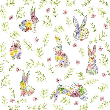 Artwork thumbnail, Spring into Spring :: Hopping Watercolor Bunnies In Meadow by tinaschofield