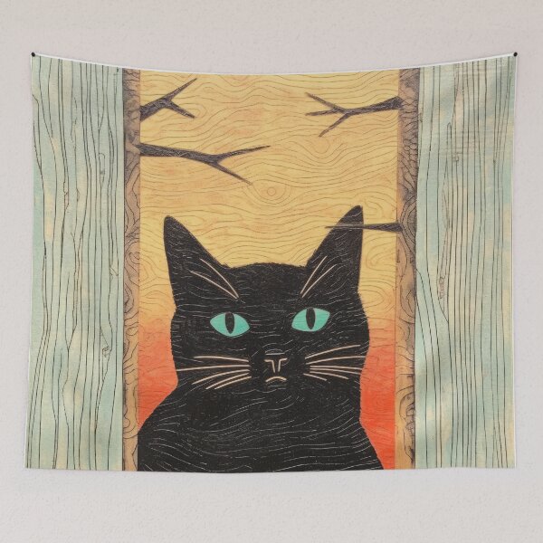 Item preview, Cute black cat with blue eyes - drawing in pink designed and sold by WallGemsArt.
