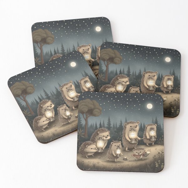 Item preview, Starry Night Adventure - Whimsical Hedgehogs with Lanterns Under the Moonlight designed and sold by PaintbrushPlace.