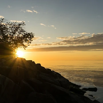Artwork thumbnail, September Morning - Rough Riprap Rocks and Sunbeams by Georgia Mizuleva