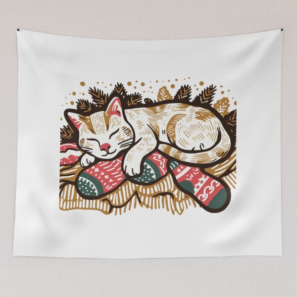 Item preview, Sleeping Cat with Christmas Stocking Waiting for Gifts designed and sold by sharon1210.