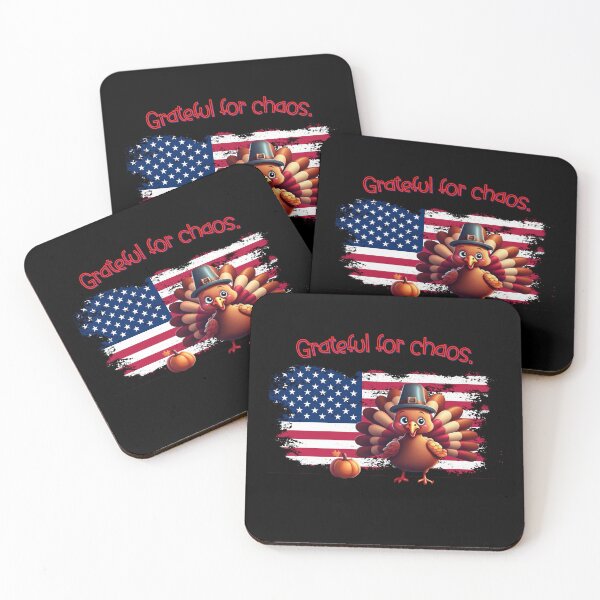 Item preview, funny graphics of a turkey against the background of the US flag with a sarcastic inscription Grateful for chaos. designed and sold by ArtFeverShop.