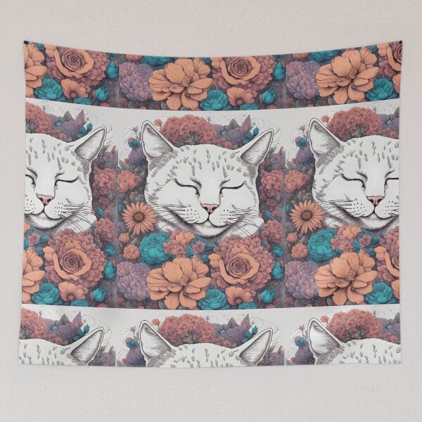 Item preview, Sleeping Cat drowning in colourful flowers designed and sold by Catophile.