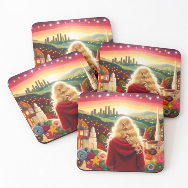 Item preview, A Blonde Woman wearing Red Wool Jacket Looking Over the City of Lights designed and sold by erkabees.