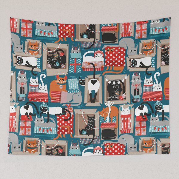 Item preview, Purfect Christmas gifts // teal background cute cats in cardboard red and teal wrapped boxes and holiday ornaments ribbons balls and lights  designed and sold by SelmaCardoso.