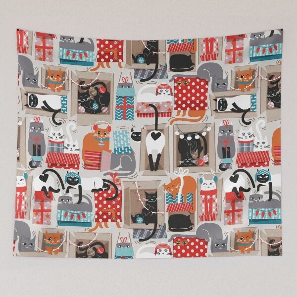Item preview, Purfect Christmas gifts // beige background cute cats in cardboard red and teal wrapped boxes and holiday ornaments ribbons balls and lights  designed and sold by SelmaCardoso.