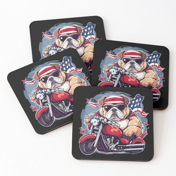 Item preview, Patriotic bulldog with red motorcycle in front of USA flag designed and sold by WallGemsArt.