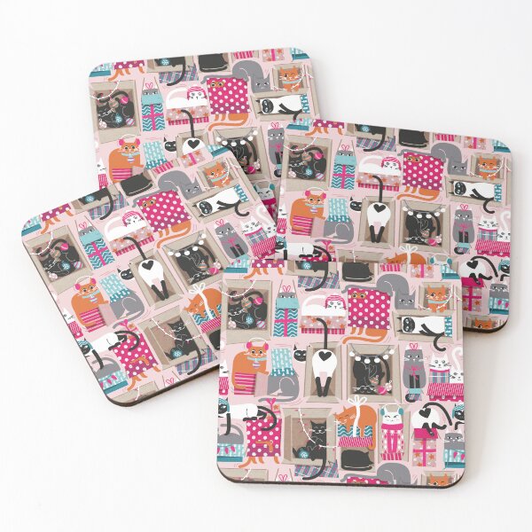 Item preview, Purfect Christmas gifts // cotton candy pastel pink background cute cats in cardboard fuchsia and teal wrapped boxes and holiday ornaments ribbons balls and lights  designed and sold by SelmaCardoso.