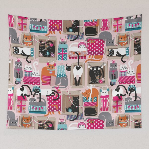 Item preview, Purfect Christmas gifts // cotton candy pastel pink background cute cats in cardboard fuchsia and teal wrapped boxes and holiday ornaments ribbons balls and lights  designed and sold by SelmaCardoso.