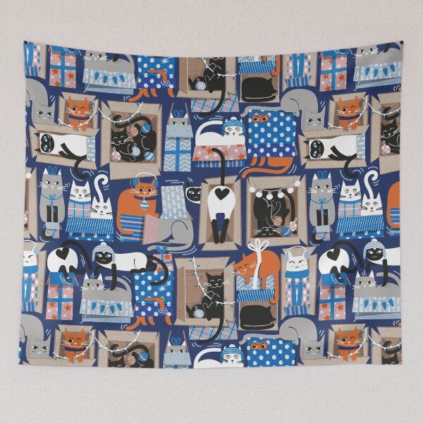 Item preview, Purfect Christmas gifts // catalina blue background cute cats in cardboard bluebell sky blue and cobalt wrapped boxes and holiday ornaments ribbons balls and lights  designed and sold by SelmaCardoso.