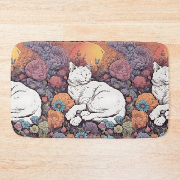 Item preview, retro poster  Chilling Sleepy white Cat colorful with flowers designed and sold by Catophile.