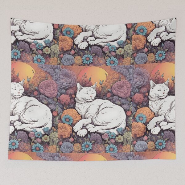 Item preview, retro poster  Chilling Sleepy white Cat colorful with flowers designed and sold by Catophile.