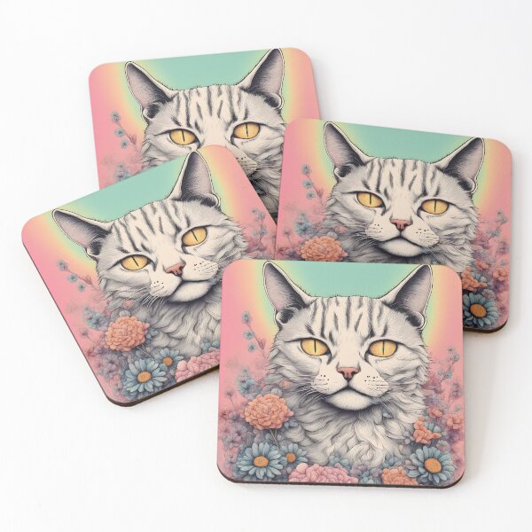 Item preview, Cat wit yellow eyes with colourful Floral designed and sold by Catophile.