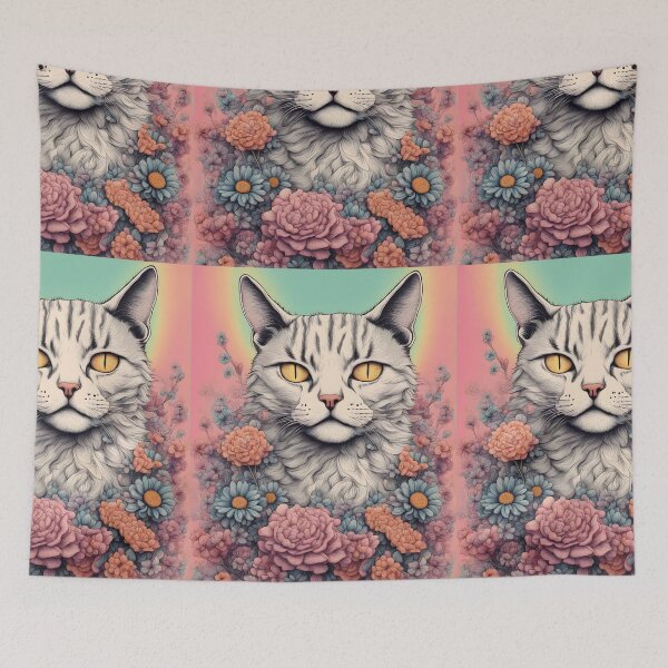 Item preview, Cat wit yellow eyes with colourful Floral designed and sold by Catophile.